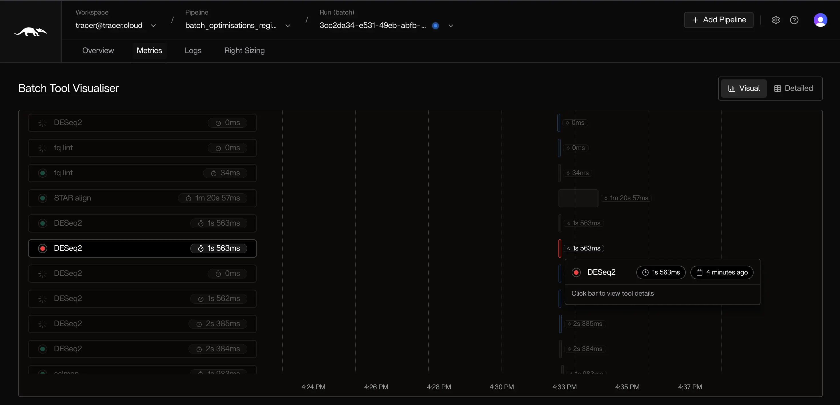Batch visualization showing pipeline failures and debugging insights